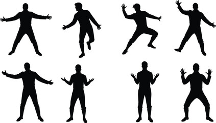 Silhouette of men posing with expressive body gestures, dramatic dance movements, performance art, shadow figures, isolated on white background illustration