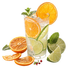 Citrus Refreshment: A clear glass brimming with a vibrant citrus drink, garnished with fresh orange and lime slices and fragrant mint leaves, embodying pure refreshment