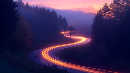 Misty mountain road at sunset with orange light trails serene landscape photography