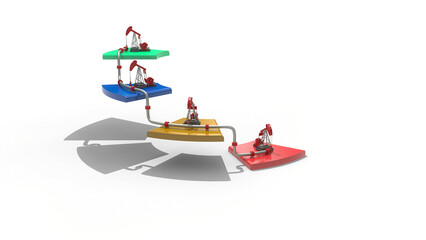 Oil production multi well 3D illustration with production pump jack at step ground