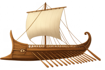 Ancient greek trireme ship sailing with oars and sail