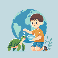 Boy Feeds Green Turtle with Bowl of Water Symbolizing Environmental Conservation