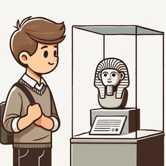 Illustration of a young person observing an ancient Egyptian statue in a glass display case at an art museum