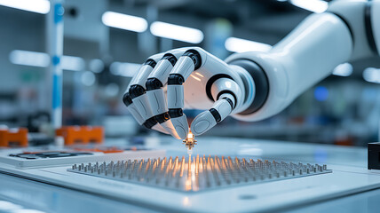 Robotic arm manipulating microcomponents in a high-tech laboratory setting