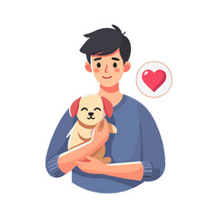 Illustration of Young Man Holding a Puppy with a Heart Symbol on White Background