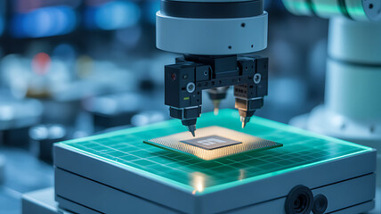 Automated precision instrument analyzing a microchip on a green grid platform in a laboratory setting