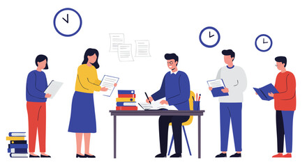 Diverse professional team collaborating and managing tasks in a modern office, symbolizing efficient workflow, productivity, and timely project completion within a corporate environment