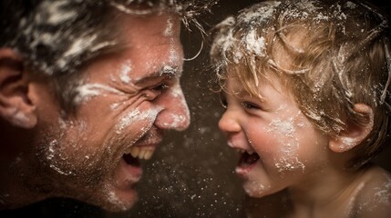 Joyful Father and Son Having a Flour Fight and Laughing Together in the Kitchen