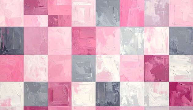 Abstract pattern of squares in pink, gray, and white