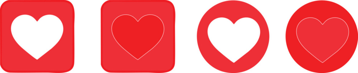 Red love heart icons set in square and circle shapes, modern social media like symbols, romantic design elements for Valentine, dating, wedding, and digital communication themes
