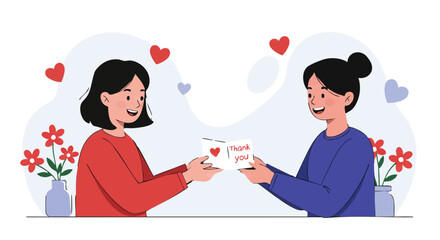 A happy woman gives a thank you card to her friend, showing appreciation and kindness. Modern flat cartoon vector graphic