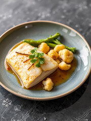 Food: Plate of cod fish with cauliflower