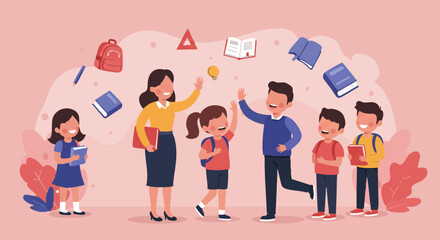Welcoming Teacher and Students Back-to-School Concept Illustration