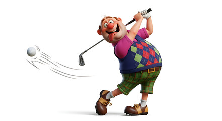 Cartoon illustration of a smiling, older man swinging a golf club, striking a golf ball with motion blur, isolated on a white background.