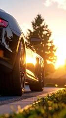 Black Sports Car Sunlit Road at Sunset with Detailed Rims and Warm Light