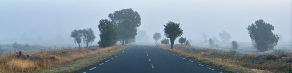 Fototapeta premium Panoramic Asphalt Road Through Countryside Under Foggy Sky With Sparse Trees