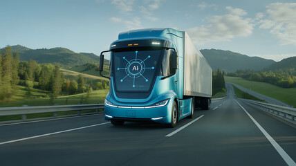 Autonomous electric truck with AI interface driving on a highway through a scenic landscape