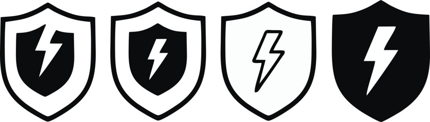 Electric power shield icons set with lightning bolt symbols representing energy safety, electricity protection, voltage and security