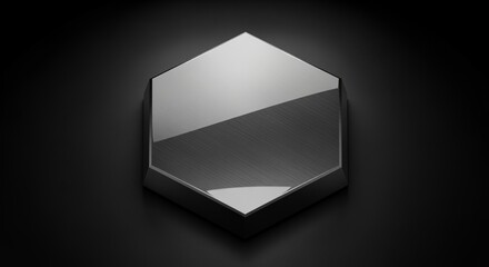 Sleek, modern hexagonal metallic object reflecting light against a dark, minimalist background, perfect for tech branding.