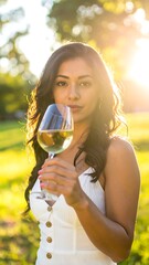 Woman in white dress holds wine glass, sunlight flares behind her