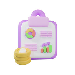 3D Rendered Financial Report With Coin Stack And Data Visualization on Transparent Background