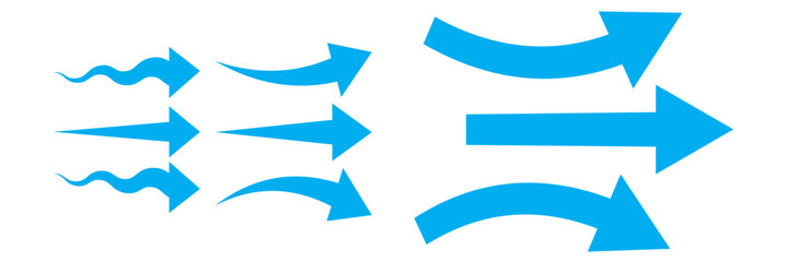 Vector Set of Blue Air Flow and Wind Direction Arrows for Ventilation and Motion Design