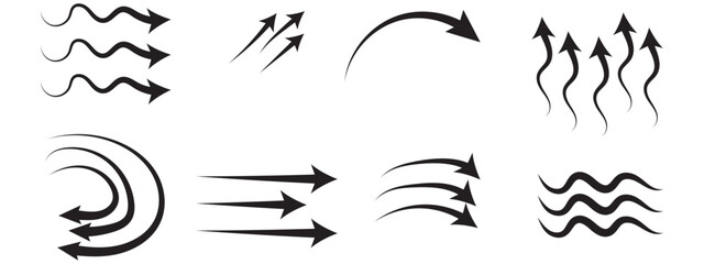 Air flow arrows set. Set of blue arrow showing wind air flow. Vector set of air flow arrows. Blue air flow arrows showing wind circulation and ventilation. Set of blue arrows showing cold air