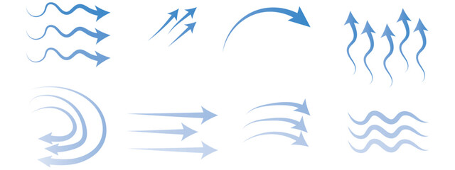 Fototapeta premium Air flow arrows set. Set of blue arrow showing wind air flow. Vector set of air flow arrows. Blue air flow arrows showing wind circulation and ventilation. Set of blue arrows showing cold air