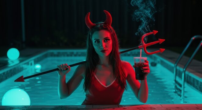 A woman wearing devil horns and holding a trident stands by a glowing pool, steam rising from a drink in her other hand, amidst a colorful nighttime atmosphere lit by vibrant orbs - Powered by Adobe