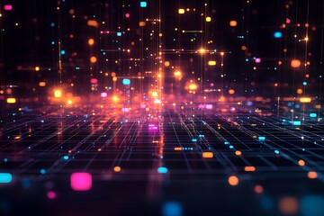 Abstract futuristic digital data network with glowing lights and circuits