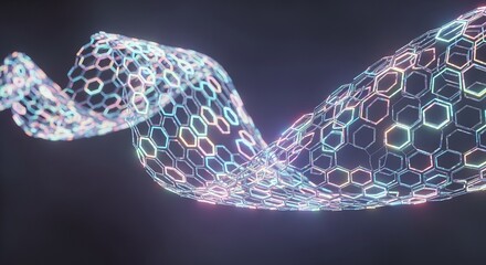 Futuristic hexagonal mesh flows with vibrant neon glow, representing innovation and advanced technology in a digital world.