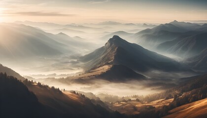 Naklejka premium Golden Sunrise Over Misty Mountain Valley with Light Rays and Fog, Cinematic Wide-Angle Landscape Abstract Banner Background
