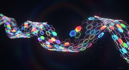 Dynamic iridescent honeycomb wave pulsates with vibrant neon light against dark backdrop, showcasing futuristic digital art