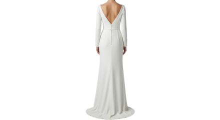 Back view of woman wearing a long-sleeve white dress isolated PNG with Transparent Background