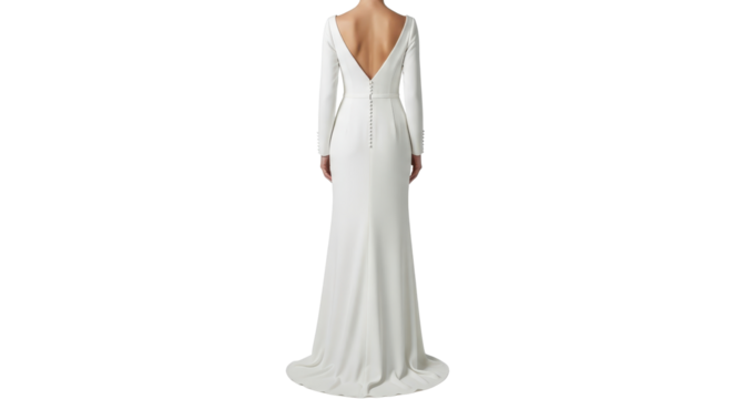 Back view of woman wearing a long-sleeve white dress isolated PNG with Transparent Background
