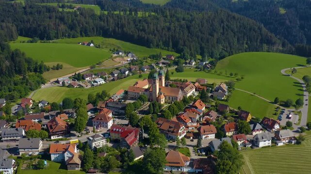 Aerial view of the monastery and village Sankt M&auml;rgen in the black forest in Germany. On a sunny day in summer.