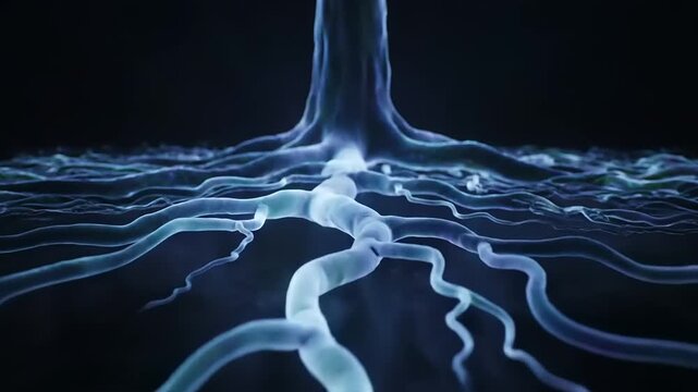 3D animation of a glowing neural network or root system