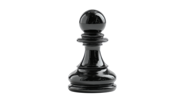 This is a black chess pawn, the most numerous and least valuable piece on the chessboard on white background 