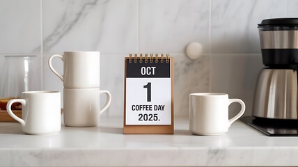 Countdown to Coffee Day 2025 with mugs and coffee maker