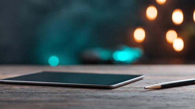 Tablet and pen on wooden surface with bokeh lights for technology and business