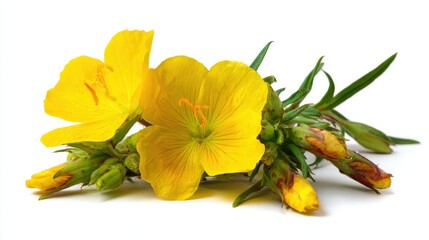 Two Bright Yellow Evening Primrose Flowers with Buds and Green Leaves on White