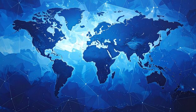 A digital world map with a futuristic, polygonal design