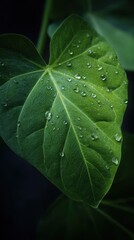 Vibrant Green Leaf Detail with Glistening Water Droplets Closeup Botanical Shot