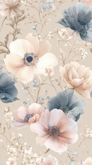 Watercolor anemone blooms in pastel shades with delicate branch accents against a beige backdrop
