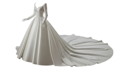 Elegant wedding dress with long train isolated PNG with Transparent Background