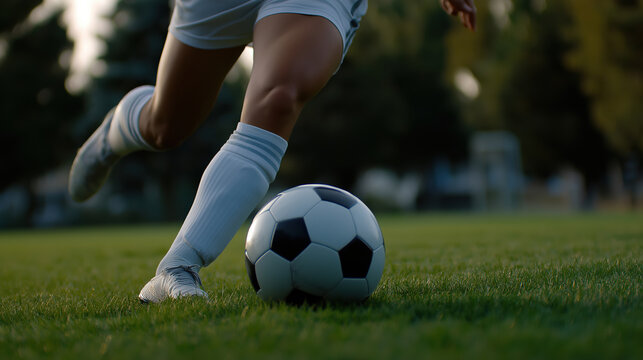 Young athlete dribbles soccer ball on green field during practice