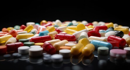 Various colorful pills and capsules on a dark surface, medical background, medicine, health