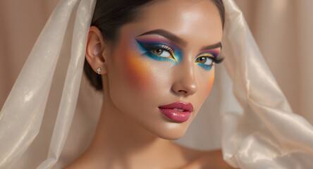 Vibrant and colorful makeup with artistic eyeshadow and glossy lips
