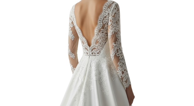 Back view of a bride wearing a long-sleeved wedding dress isolated PNG with Transparent Background - Powered by Adobe