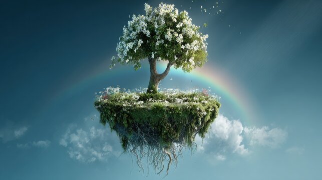 A blooming tree grows on an ethereal floating island under a serene sky